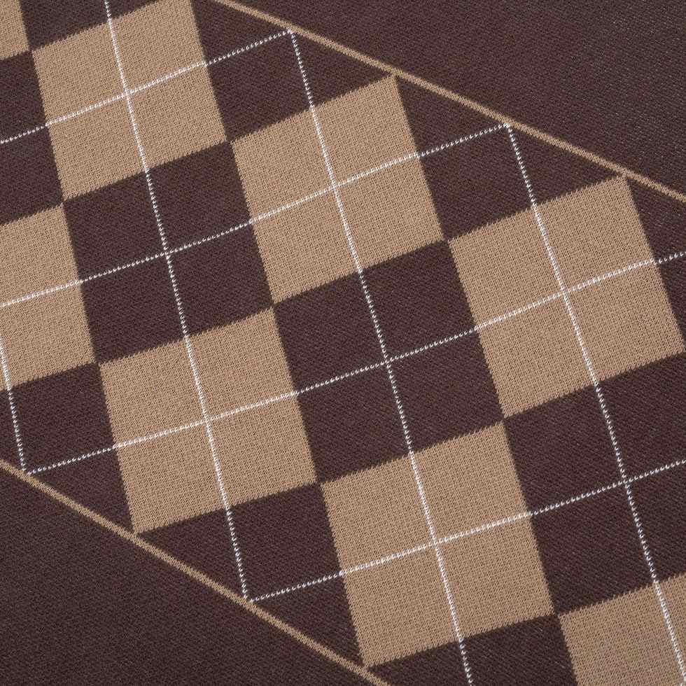Tilde Stamp Knit Polo in chocolate with checkered jacquard pattern.
