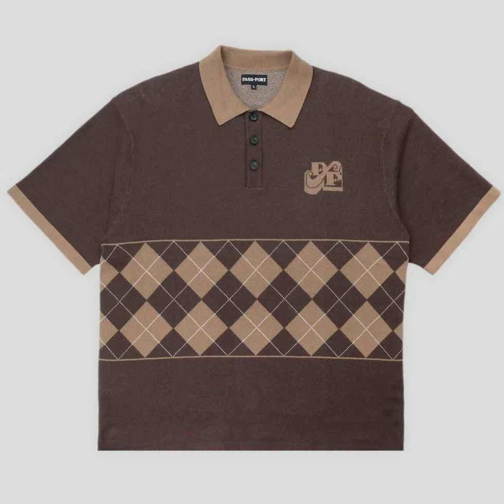 Chocolate Tilde Stamp Knit Polo with argyle pattern, 100% cotton jacquard.