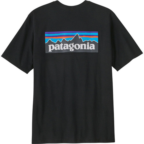 Patagonia Men's P-6 Logo Responsible Tee in black, featuring a classic crewneck style and made from 100% recycled fabric.
