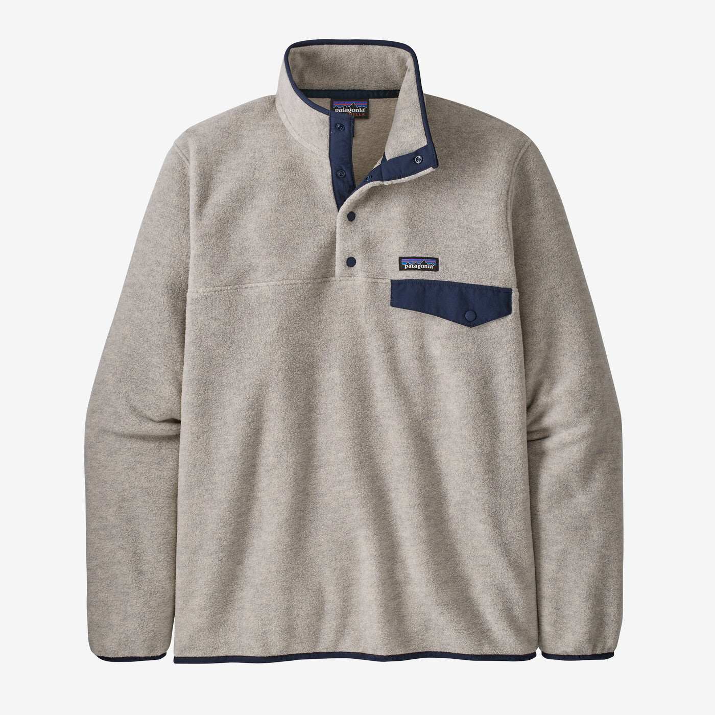 Patagonia Men's Lightweight Synchilla® Snap-T® Fleece Pullover in beige with black chest pocket and snap placket.