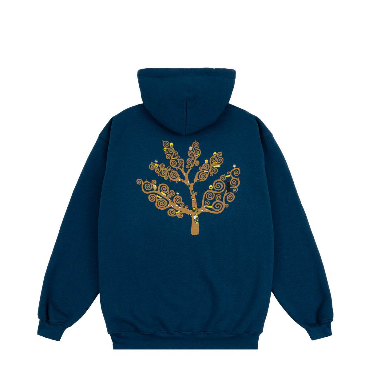 Sininen Life Hoodie, 310 GSM puuvillaa, Klimt-henkinen puuprintti, valmistettu Euroopassa.