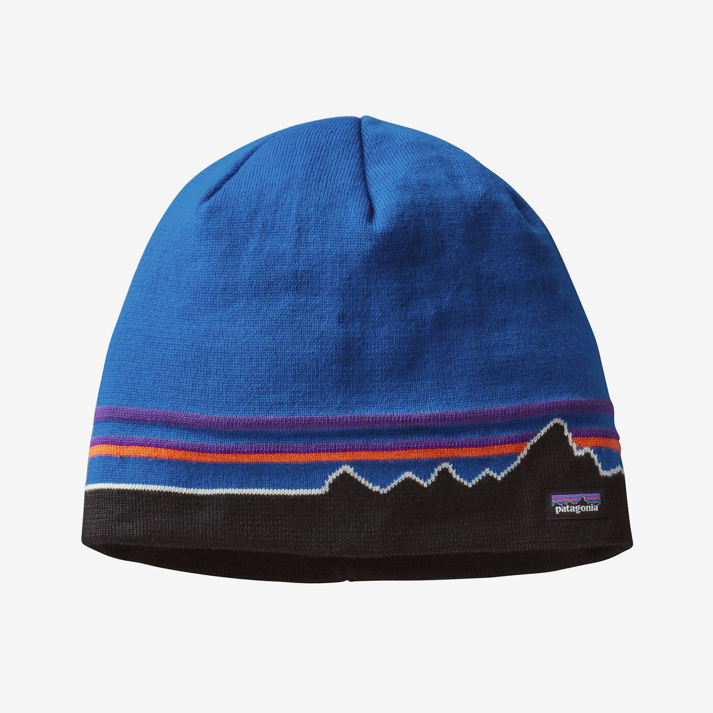 Blue Patagonia beanie hat with colorful patterns, made from 100% recycled polyester, lightweight and versatile for all-season wear.