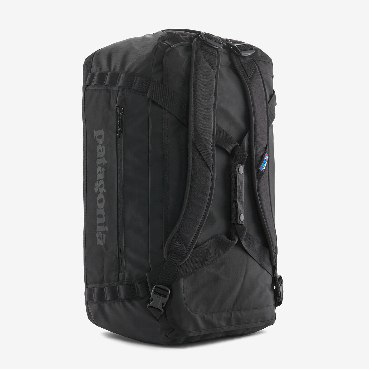 Patagonia Black Hole Duffel 55L in black, featuring durable recycled fabric, ergonomic straps, and internal organization.
