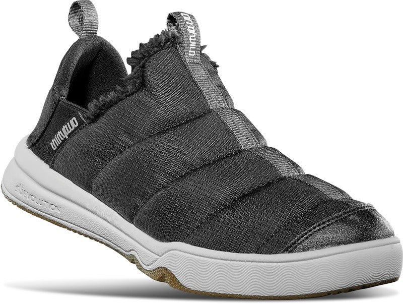 Lounger shoe with rubber outsole, EVA midsole, and insulated weather-resistant upper.