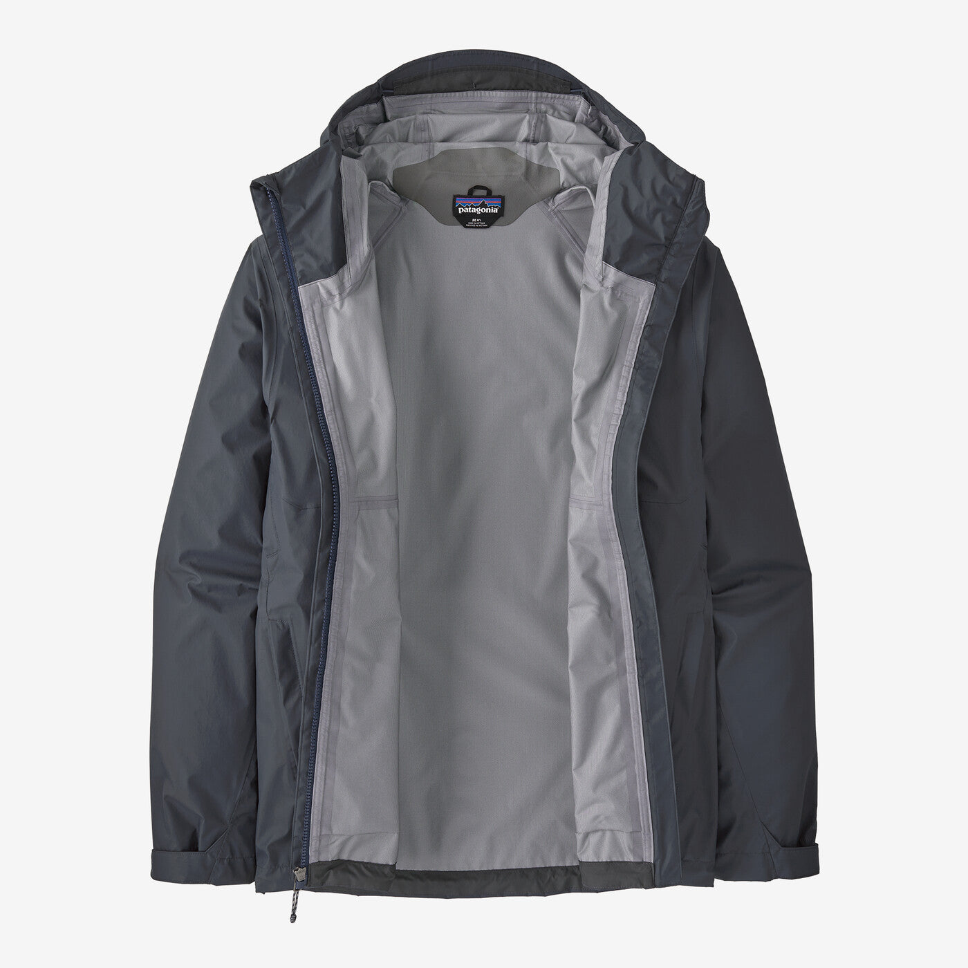 Patagonia M's Torrentshell 3L Rain Jacket in gray, open view showing interior lining and hood.