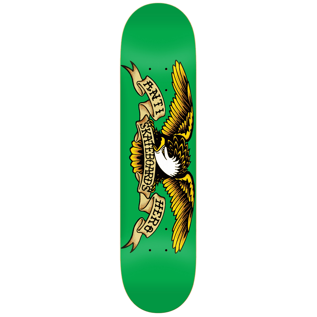 Antihero Classic Eagle 7.81 skateboard deck with vibrant green backdrop and bold eagle graphic.