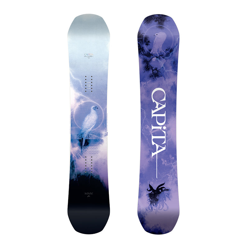 Women's Birds of a Feather snowboard with hybrid camber design and True Twin shape.
