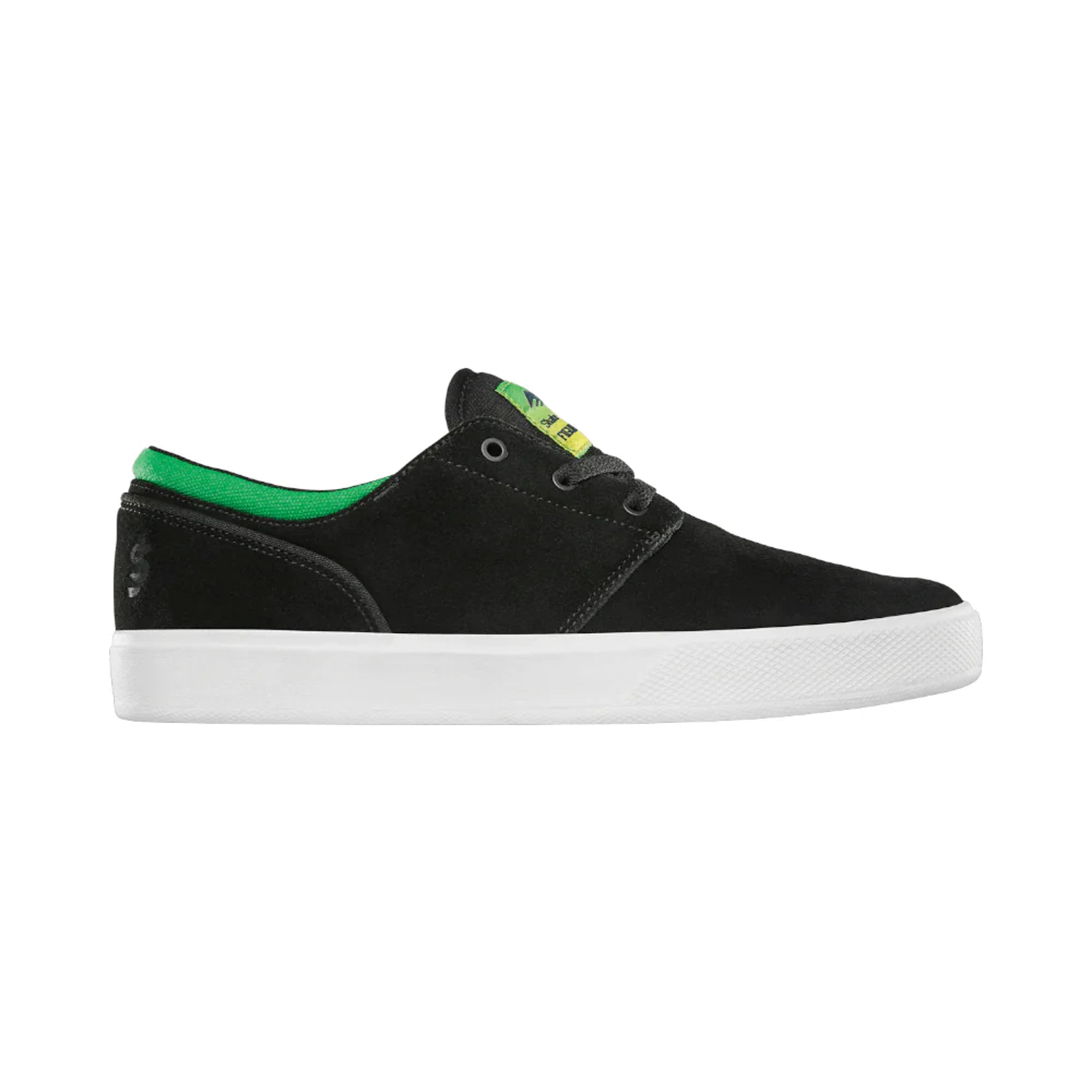 Figgy G6 X Shakejunt skate shoe in black suede with green accents and a white midsole.