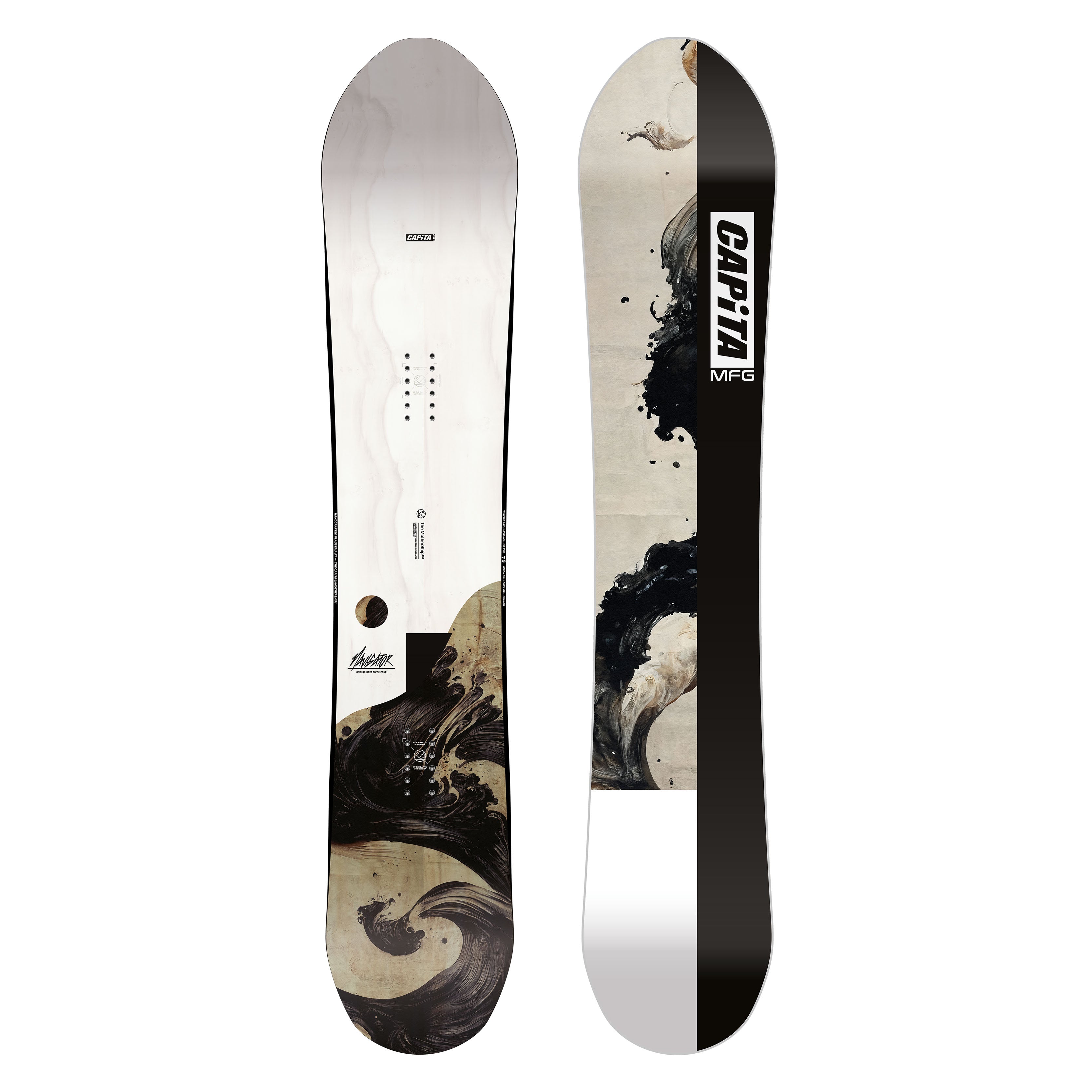 Snowboard with directional hybrid camber design for powder and resort riding, featuring parabolic sidecut, wide-frame rockered nose, and tapered tail; essential for side-country adventures.