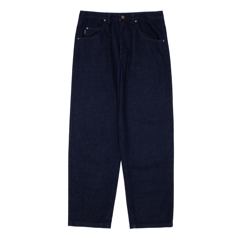 GX1000 baggy pant with direct embroidery pocket, antique brass button, faux leather label.