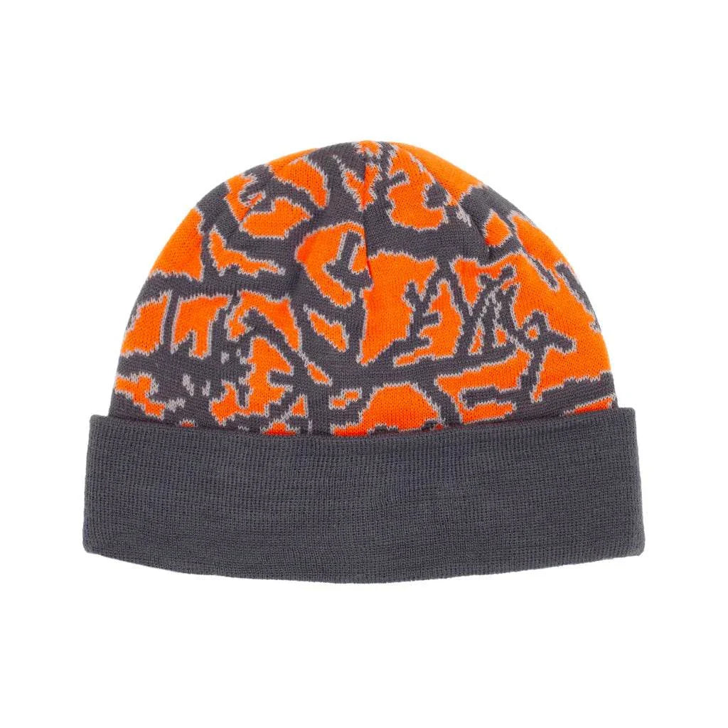 Argon Beanie, mukautettu jacquard-neule, 100% akryyli, kirkkaan oranssi ja harmaa kuviointi.