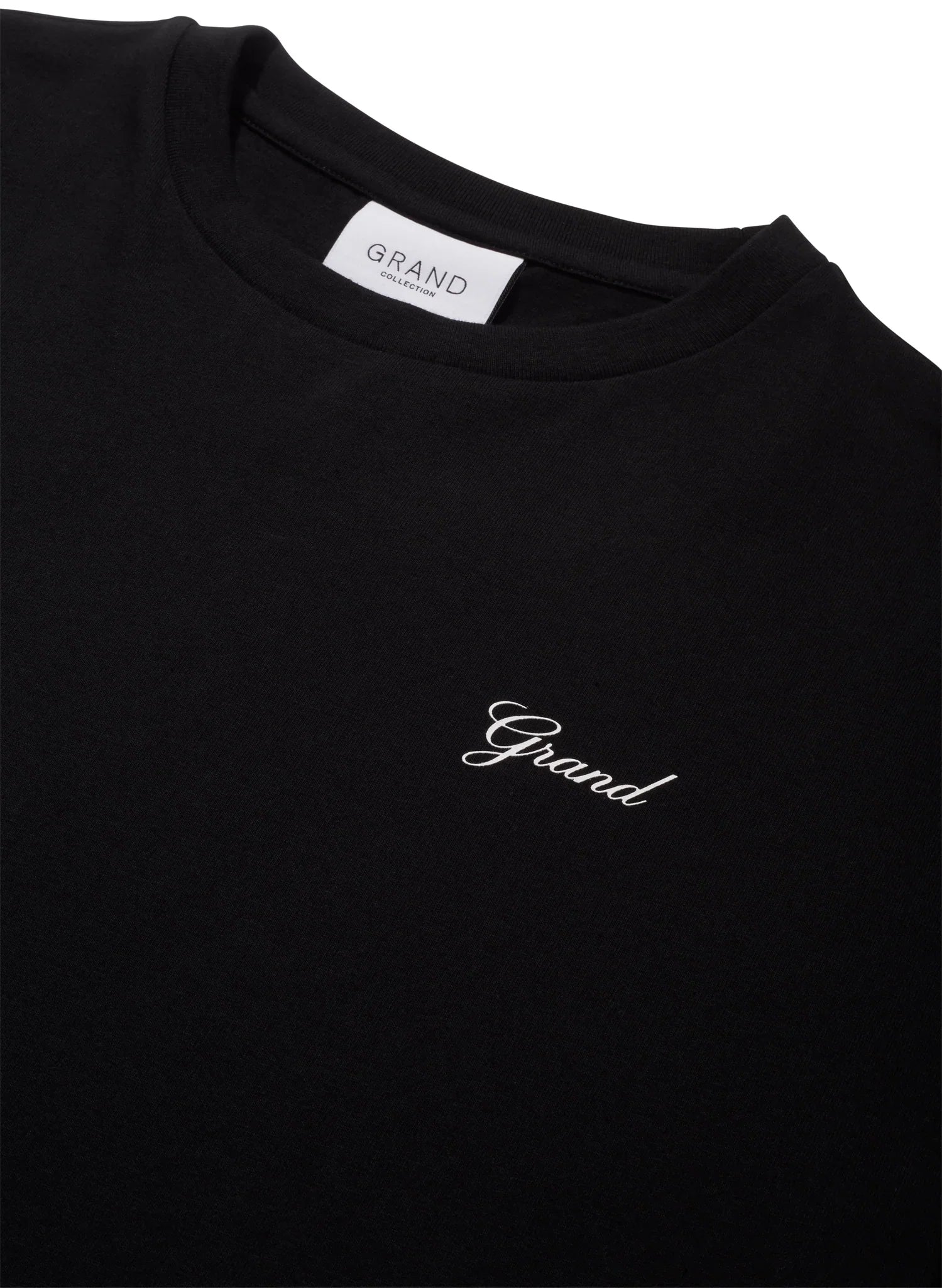 Grand Collection script tee, black with printed graphic, ribbed collar, 100% jersey cotton.