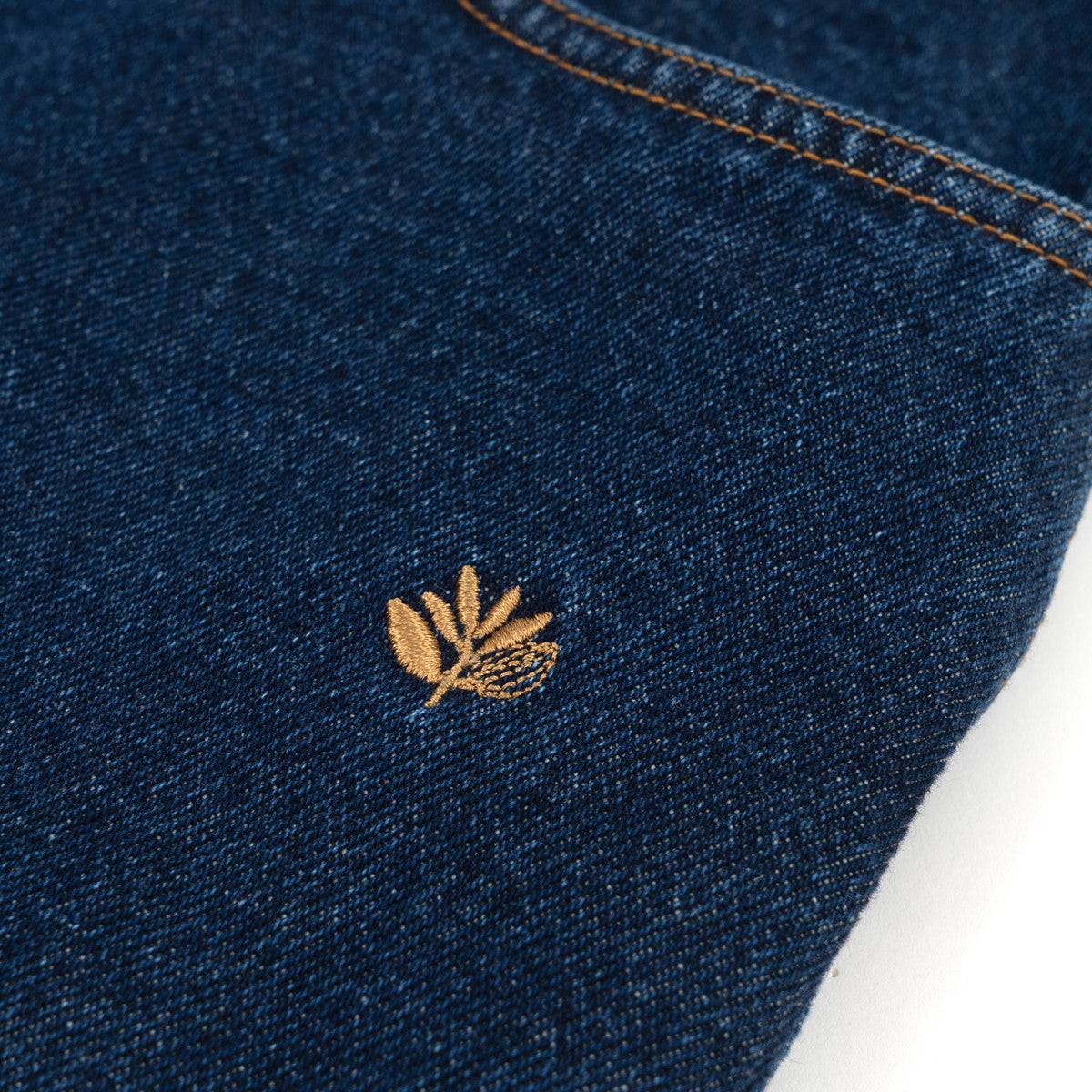 Siniset Og-housut, klassiset leveät farkut, premium-raskas denim, piilotasku.