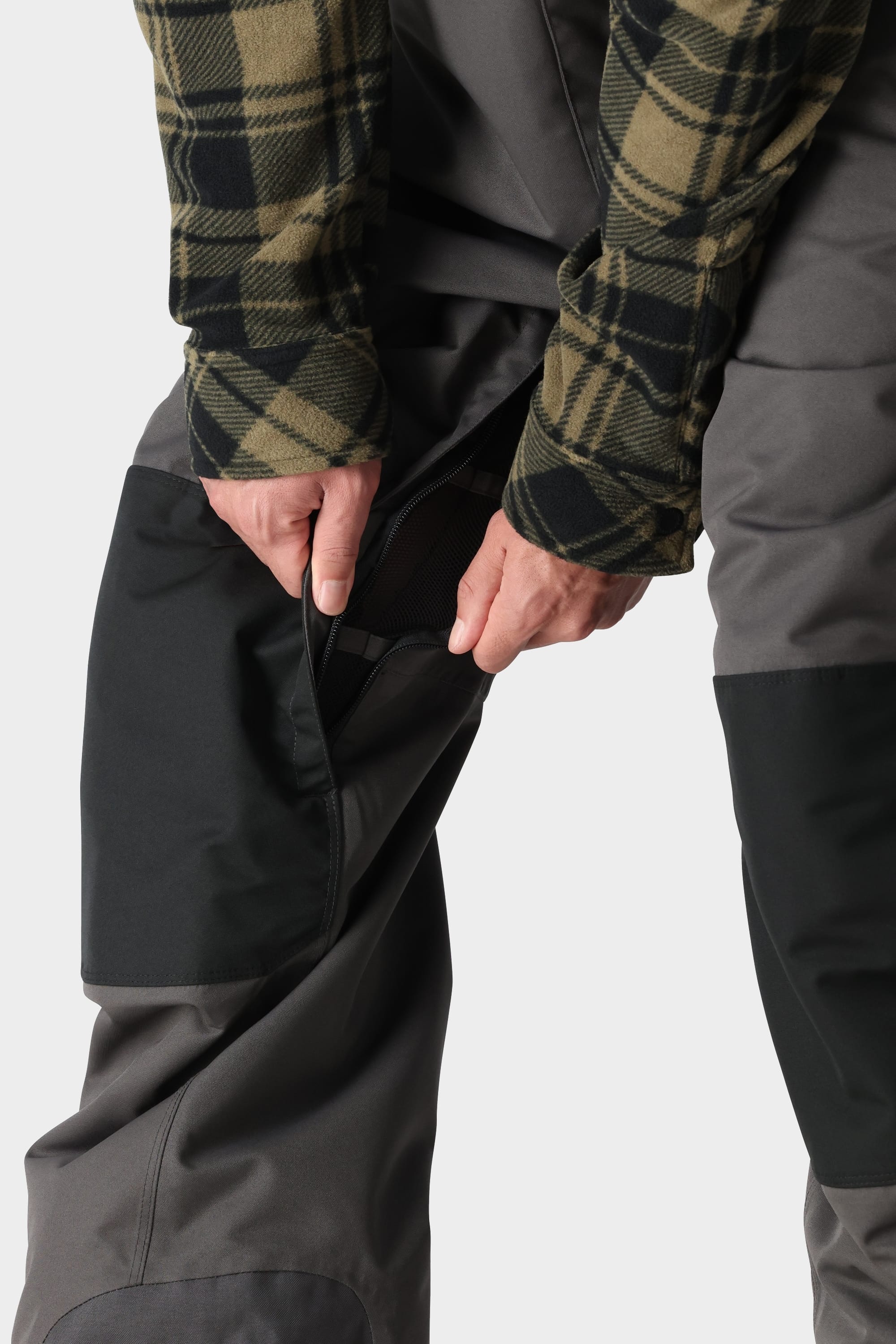 Hot Lap Insulated BIB with side gusset opening and plaid shirt.
