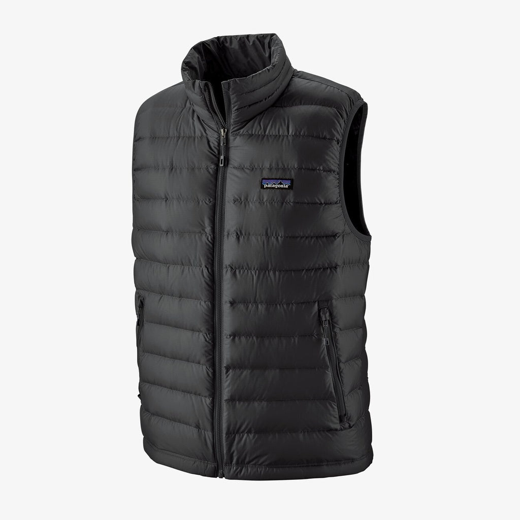Patagonia down sweater vest, black, featuring recycled shell fabric and RDS down.