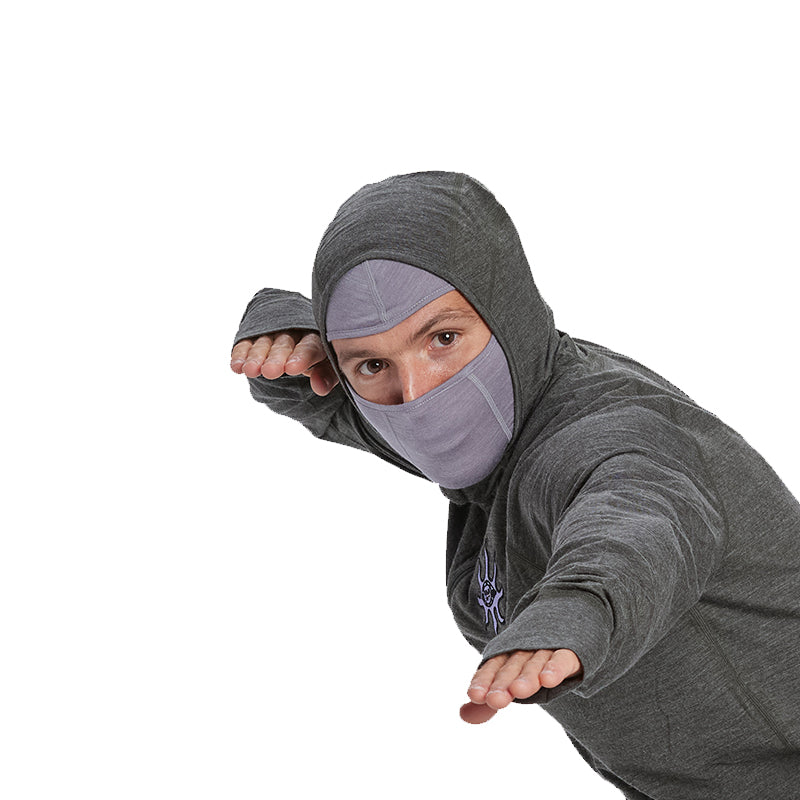 Merino Ninja Face in gray, midweight base layer with form-fitting hood and 4-way stretch merino fabric.
