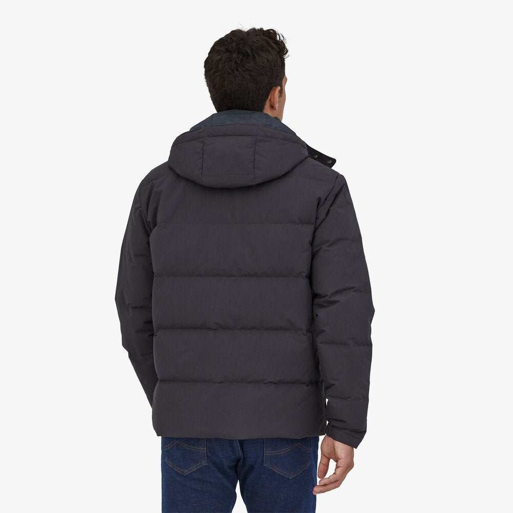 Patagonia men's downdrift jacket, recycled nylon and down, water-repellent, black, back view.