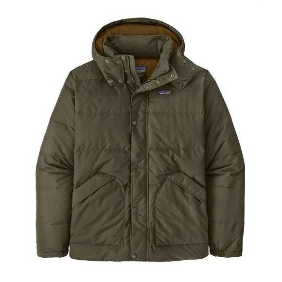 Patagonia men's Downdrift jacket in olive green with removable hood and recycled down insulation.