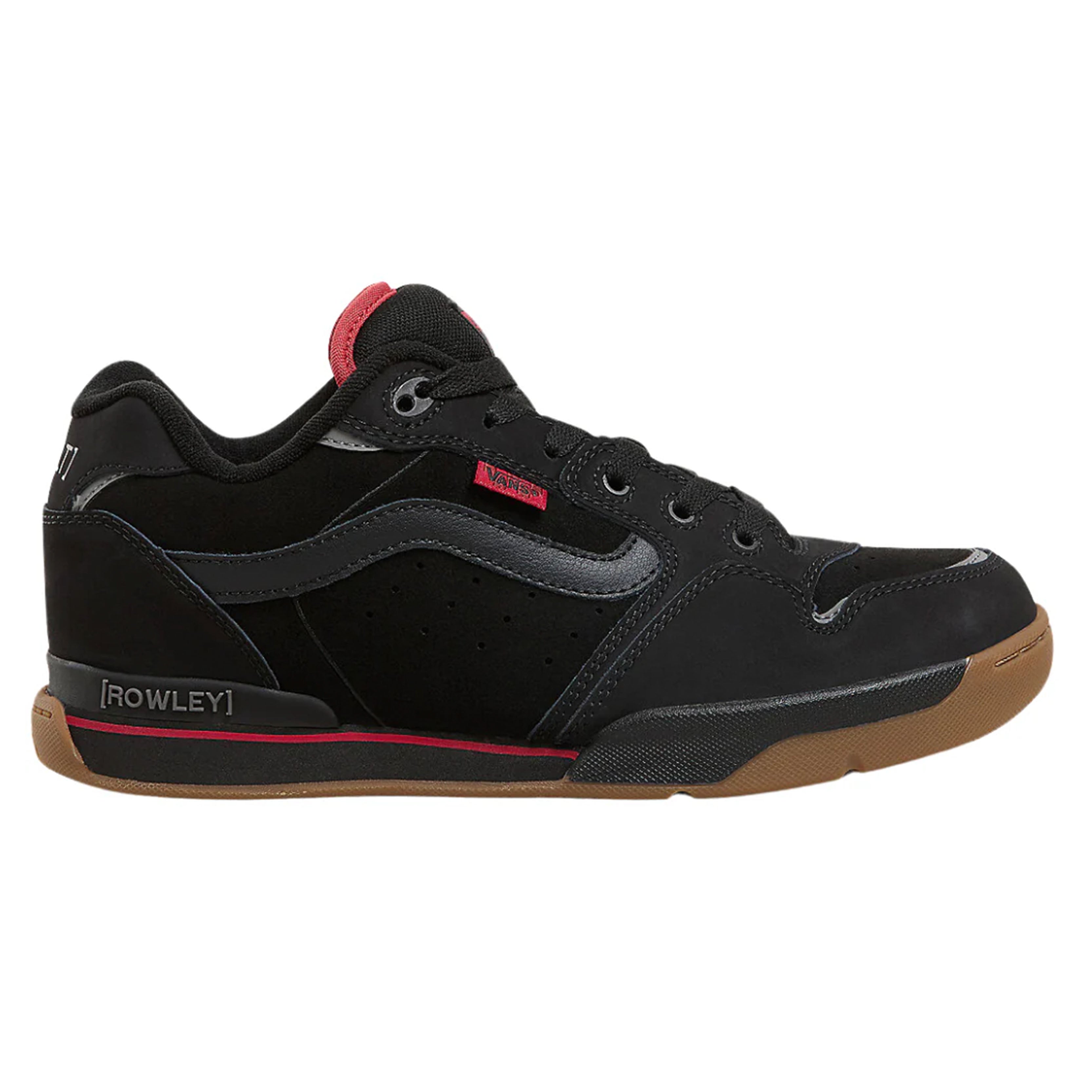 Rowley XLT skate shoe in black with red accents, premium leather, puffy tongue, and durable EVA midsole.