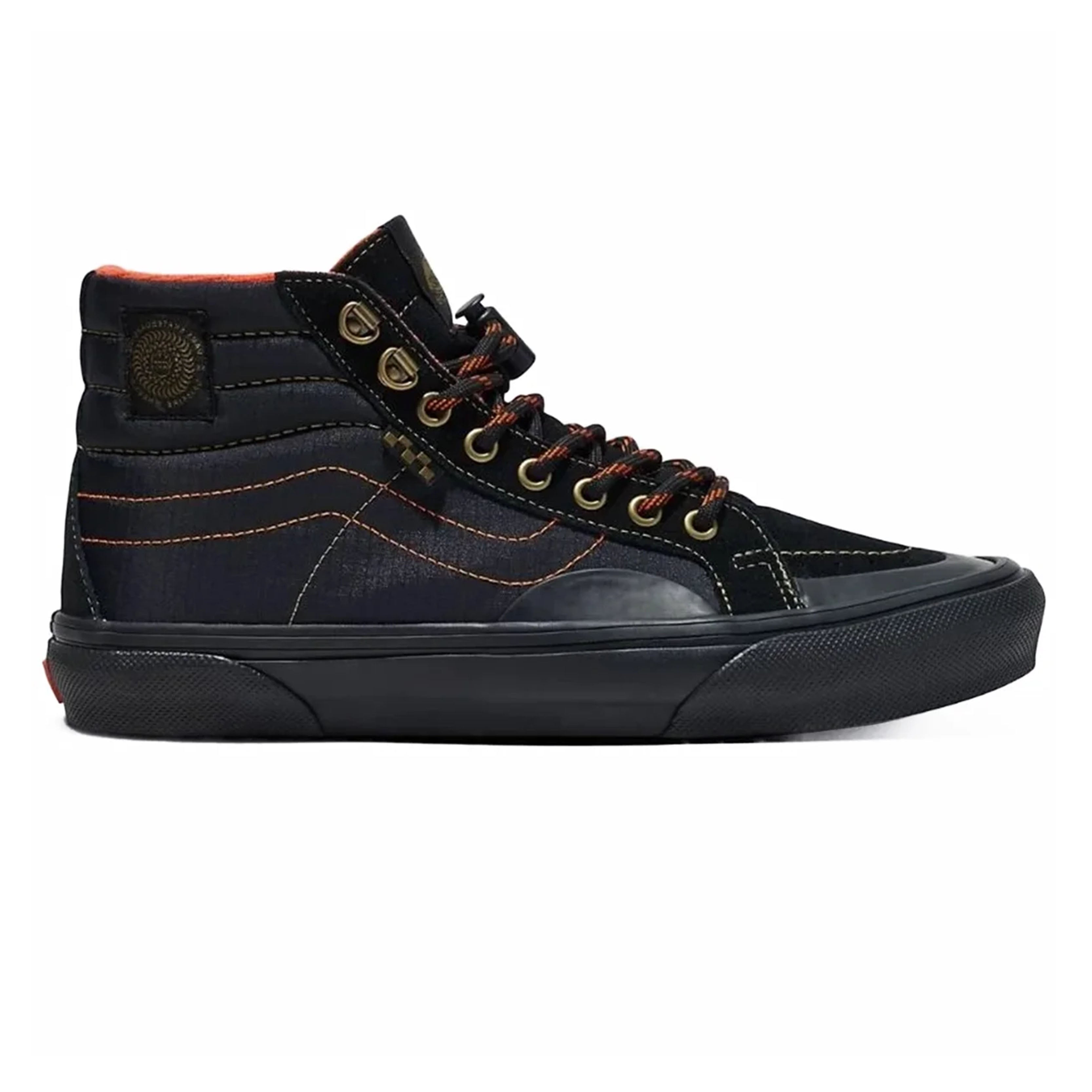 Vans Skate Sk8-Hi Reissue X Spitfire Wheels black-orange sneakers with DURACAP™ reinforced materials.