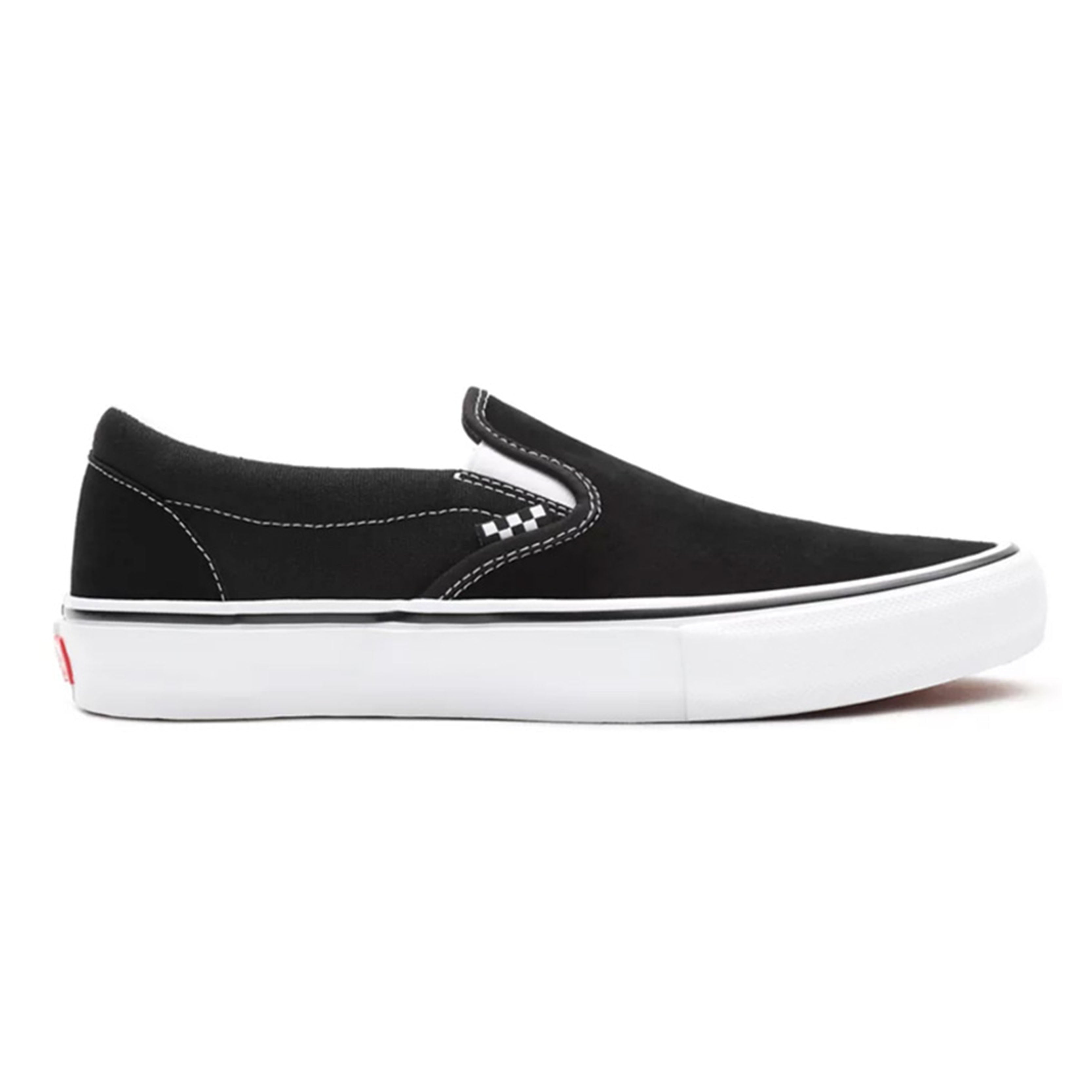 Black Skate Slip-On shoe with durable suede and canvas upper, gum rubber sole, and checkerboard flag detail.