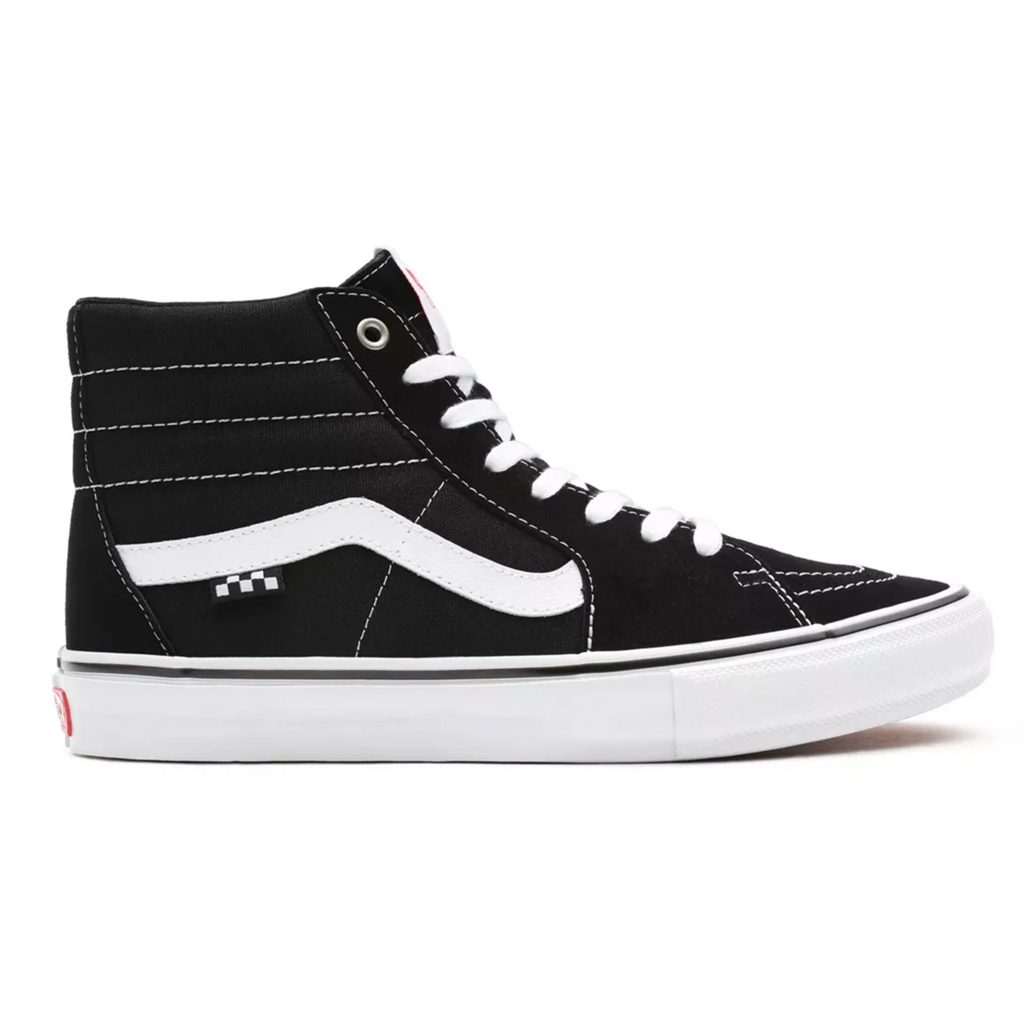 Black and white Skate Sk8 Hi shoes with reinforced uppers and durable sole for skateboarding.