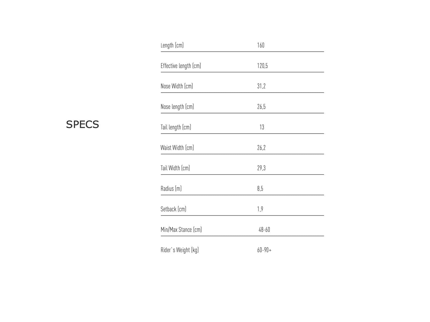 FJELL MT1542 snowboard specifications chart including dimensions and rider's weight range.