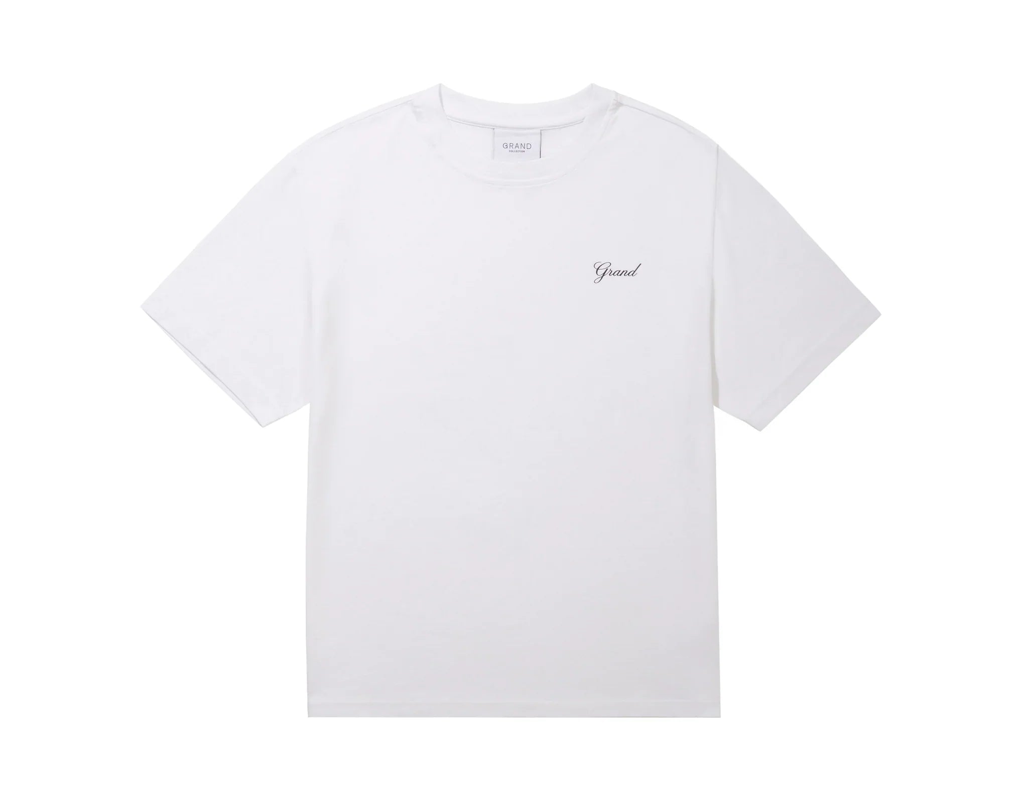 Grand Collection script tee with printed graphic, 100% jersey cotton, ribbed collar.