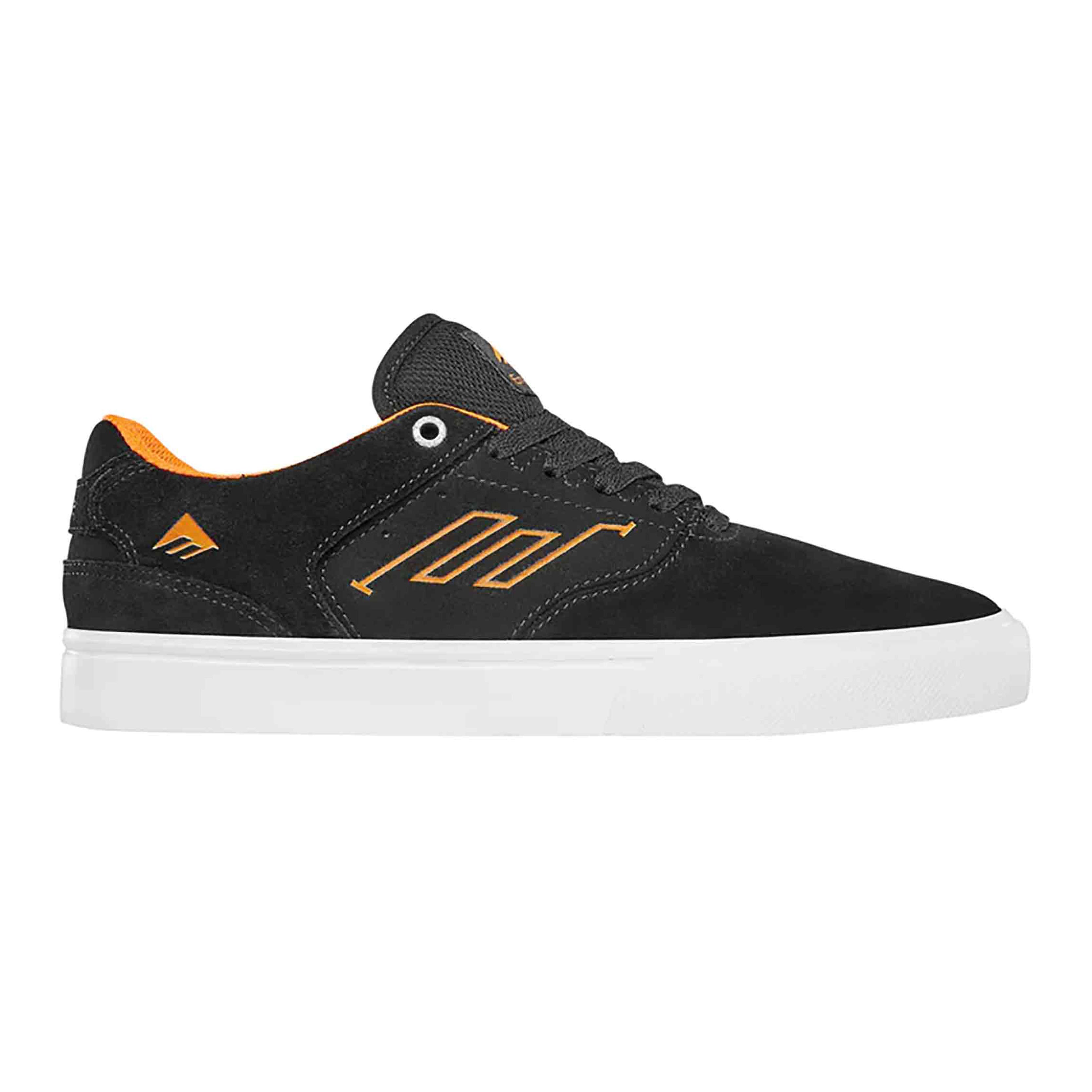 Emerica The Low Vulc Skate Shoes in black, white, and orange with slim fit and triangle tread pattern.