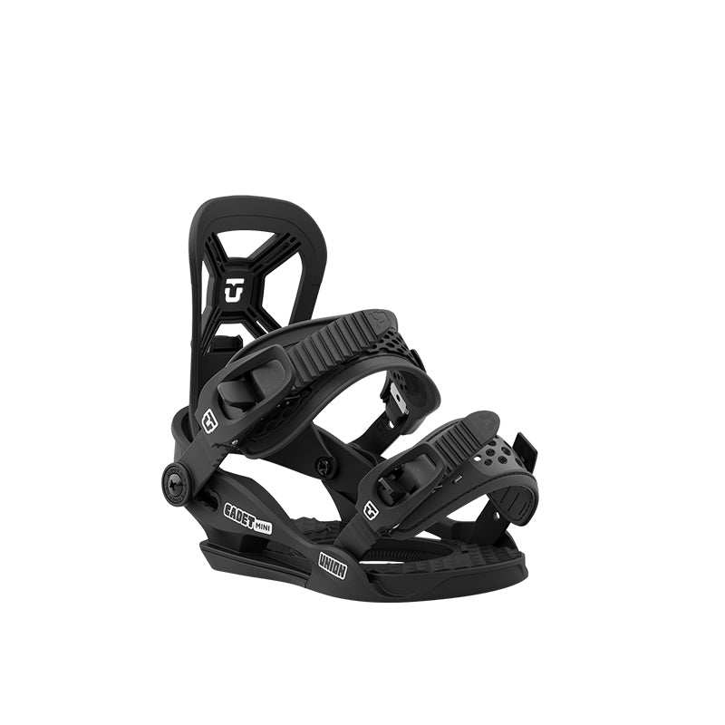 Youth snowboard binding with adjustable heelcup and secure straps for improved control.