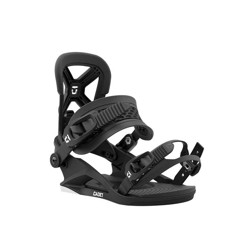 Black CADET snowboard binding with adjustable straps and highback for kids.