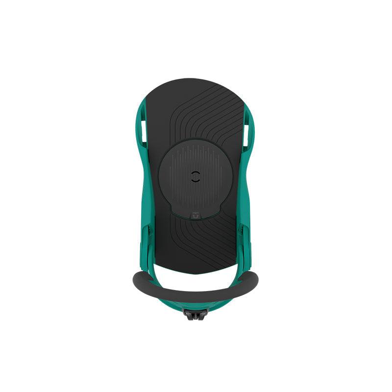 Snowboard binding for young riders with adjustable features and soft flex.