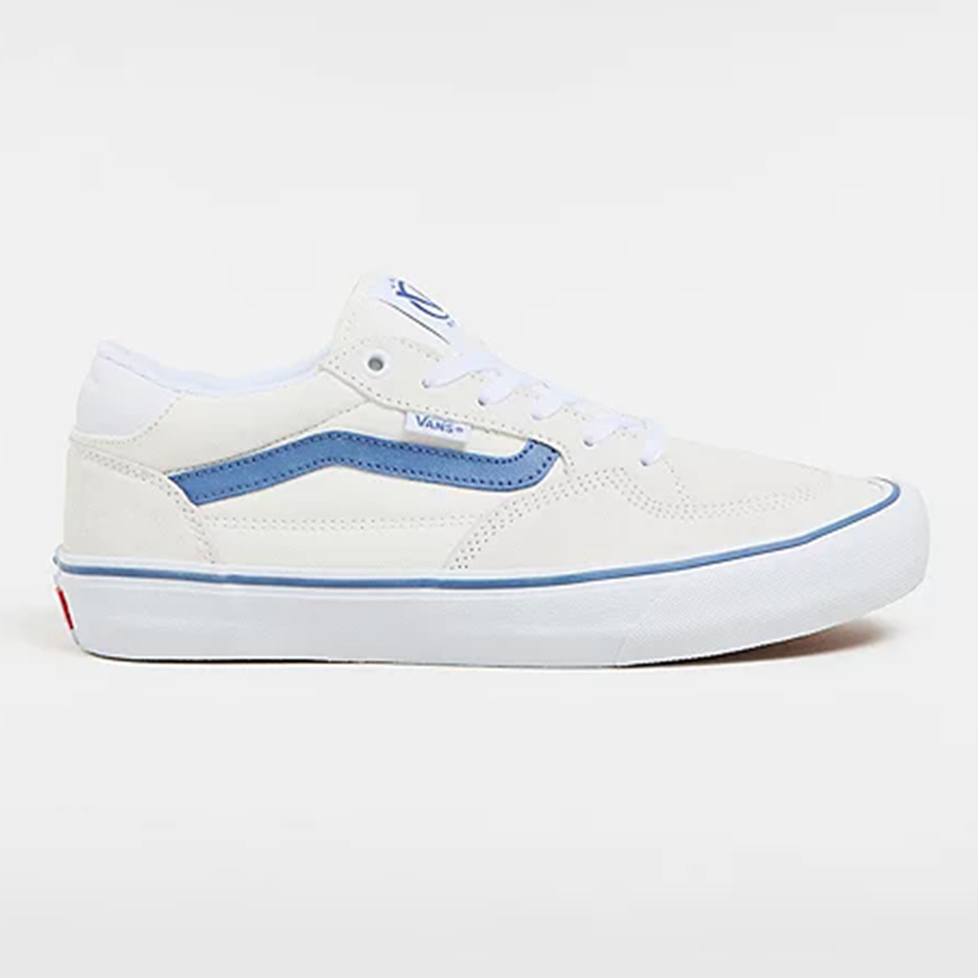 Rowan Zorilla signature skate shoe, white and blue, featuring DURACAP™ and SickStick™ technology.