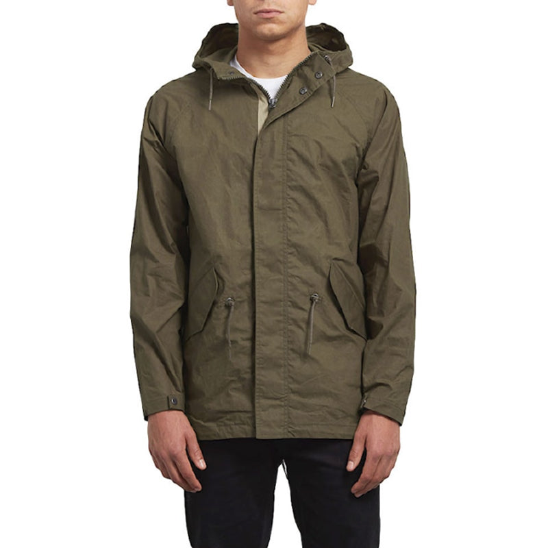 LANE PARKA JKT in khaki with hood, heavy duty zipper, and deep pockets.