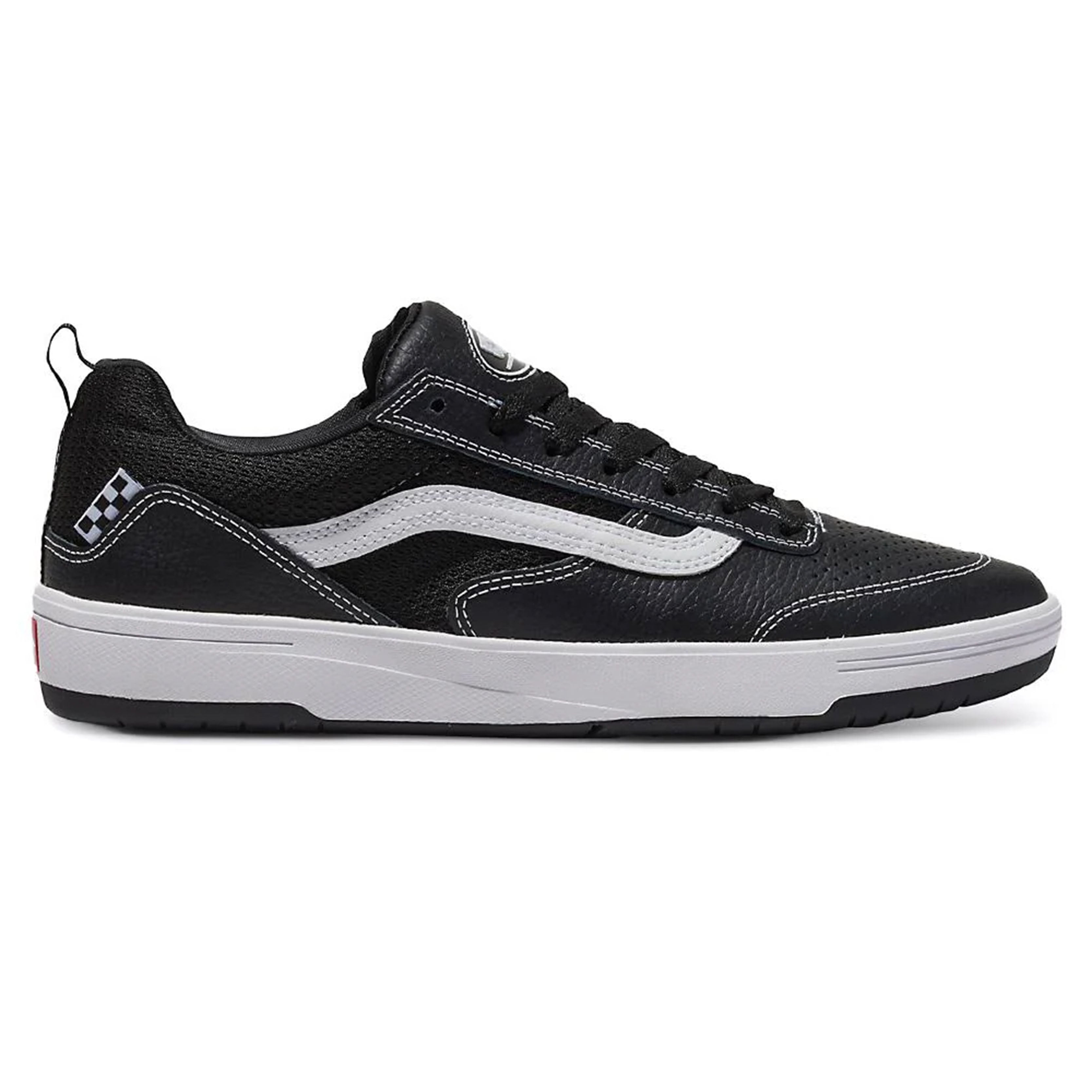 Zahba skateboard shoe with black leather, white stripe, and sustainable materials.