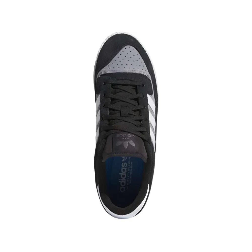 Centennial 85 Low ADV (IE6610) sneaker with black suede upper and white 3-Stripes, top view.