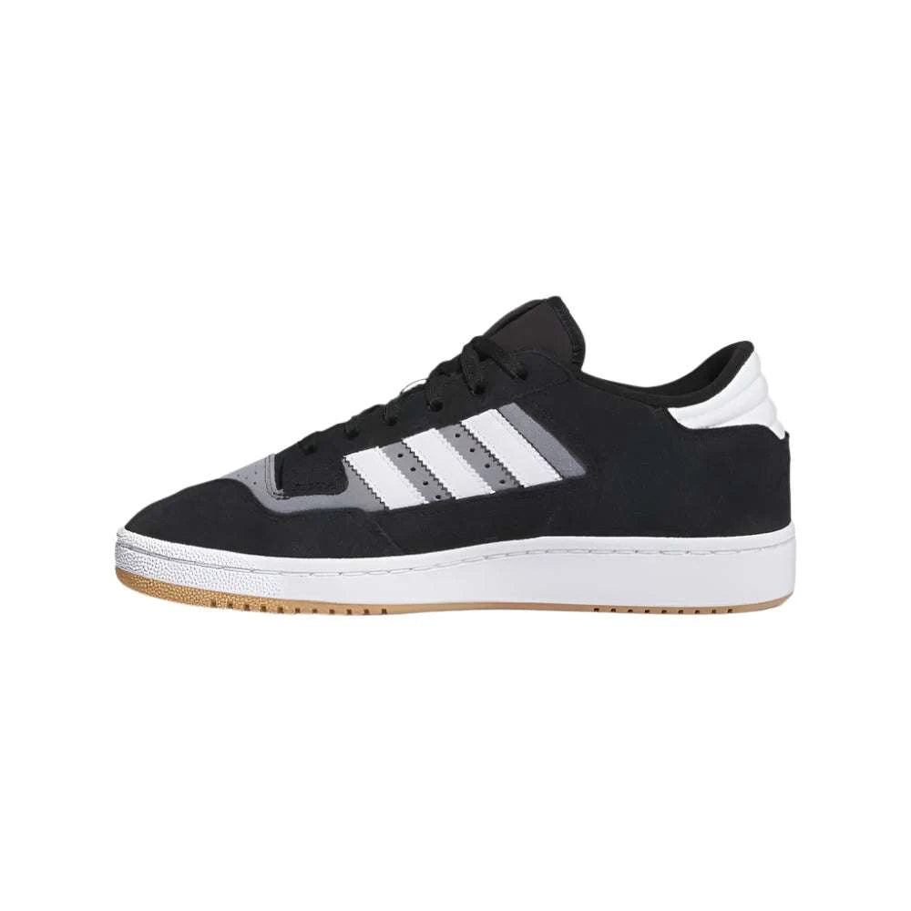 Centennial 85 Low ADV (IE6610) black suede skate shoe with white 3-Stripes and gum rubber outsole.