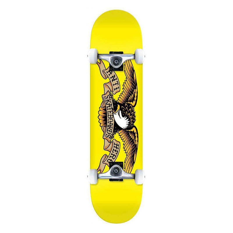 ANTIHER0 CLASSIC EAGLE COMPLETE skateboard 7'3" with eagle graphic on yellow deck.