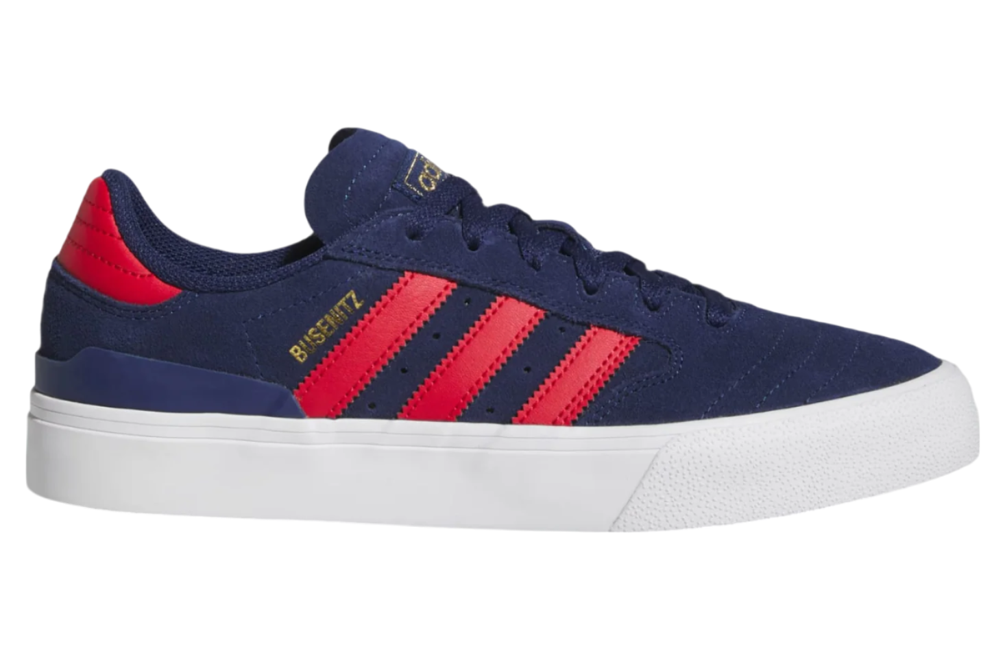 Busenitz vulc II -tummansininen skeittikenkä punaisilla raidoilla ja valkoisella pohjalla.