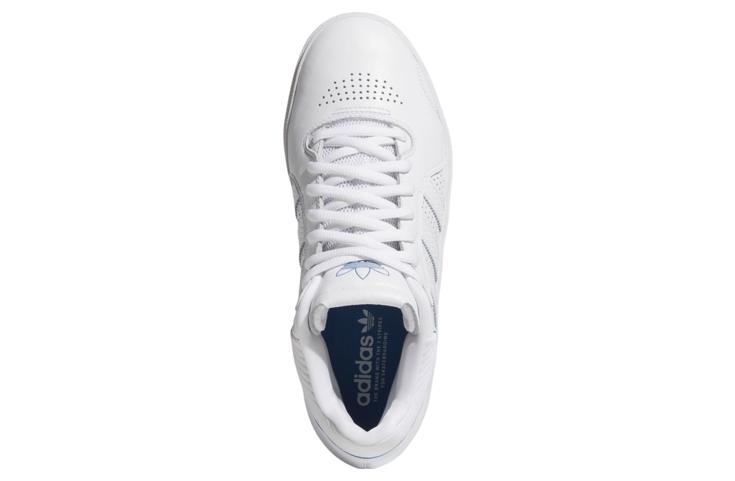 Tyshawn Jones adidas skeittikenkä ylhäältä, nahkainen ja synteettinen päällinen, Cloud White / Blue Bird / Gold Metallic -värit.
