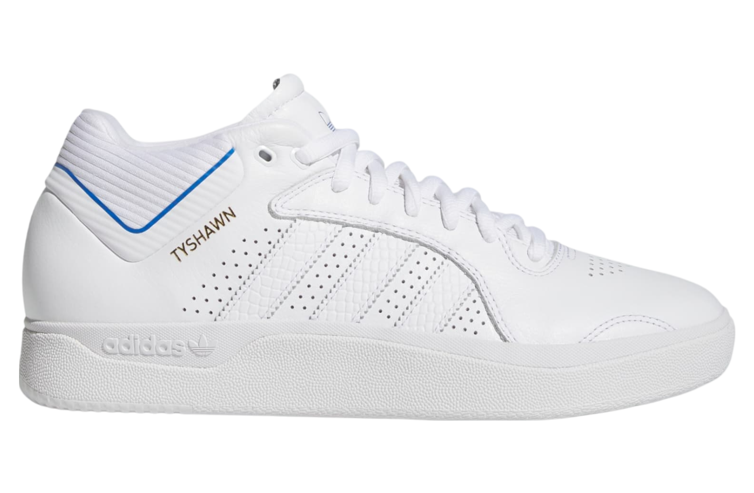 Tyshawn Jones adidas skeittikengät, premium-nahkaa, pilvenvalkoiset sinisillä ja kultaisilla yksityiskohdilla.