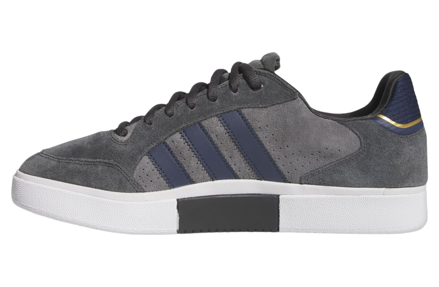 Adidas Tyshawn Low Carbon Grey Five women's sneakers, skate-inspired design, synthetic leather, grey with blue stripes.