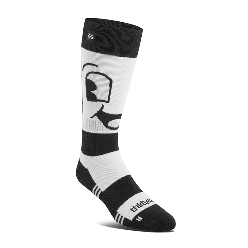 White and black midweight Spring Break sock with logo embroidery, antimicrobial spandex, and reinforced toe box.