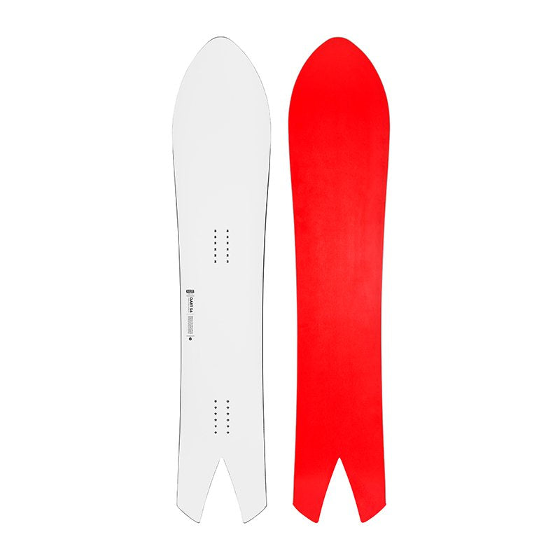 DART snowboard with a swallow tail design, showcasing front and back views in white and red.