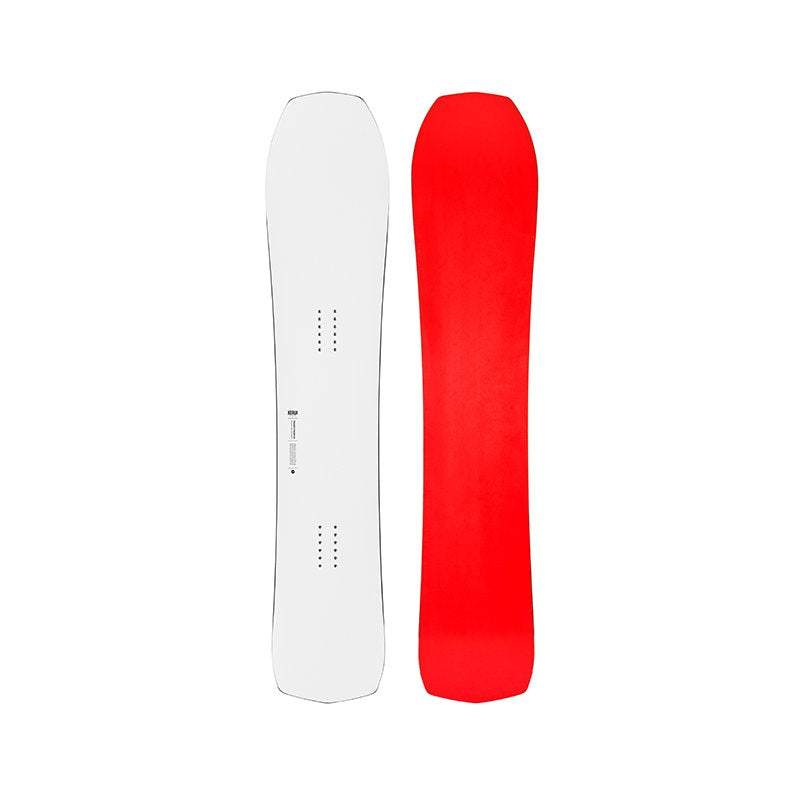 Snowboard showcasing the TRANSITION FINDER design with a red base and white top sheet.