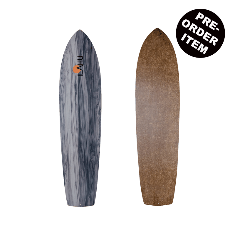 Snowboard with a grey and natural wood finish, featuring a rounded square tail; TIIRA SMOKE model available for pre-order.