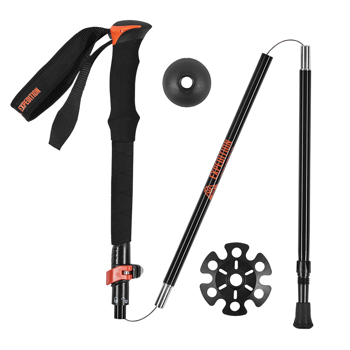 Aluminium touring poles with extended handle grip, foldable design, powder basket, and fast lock system.