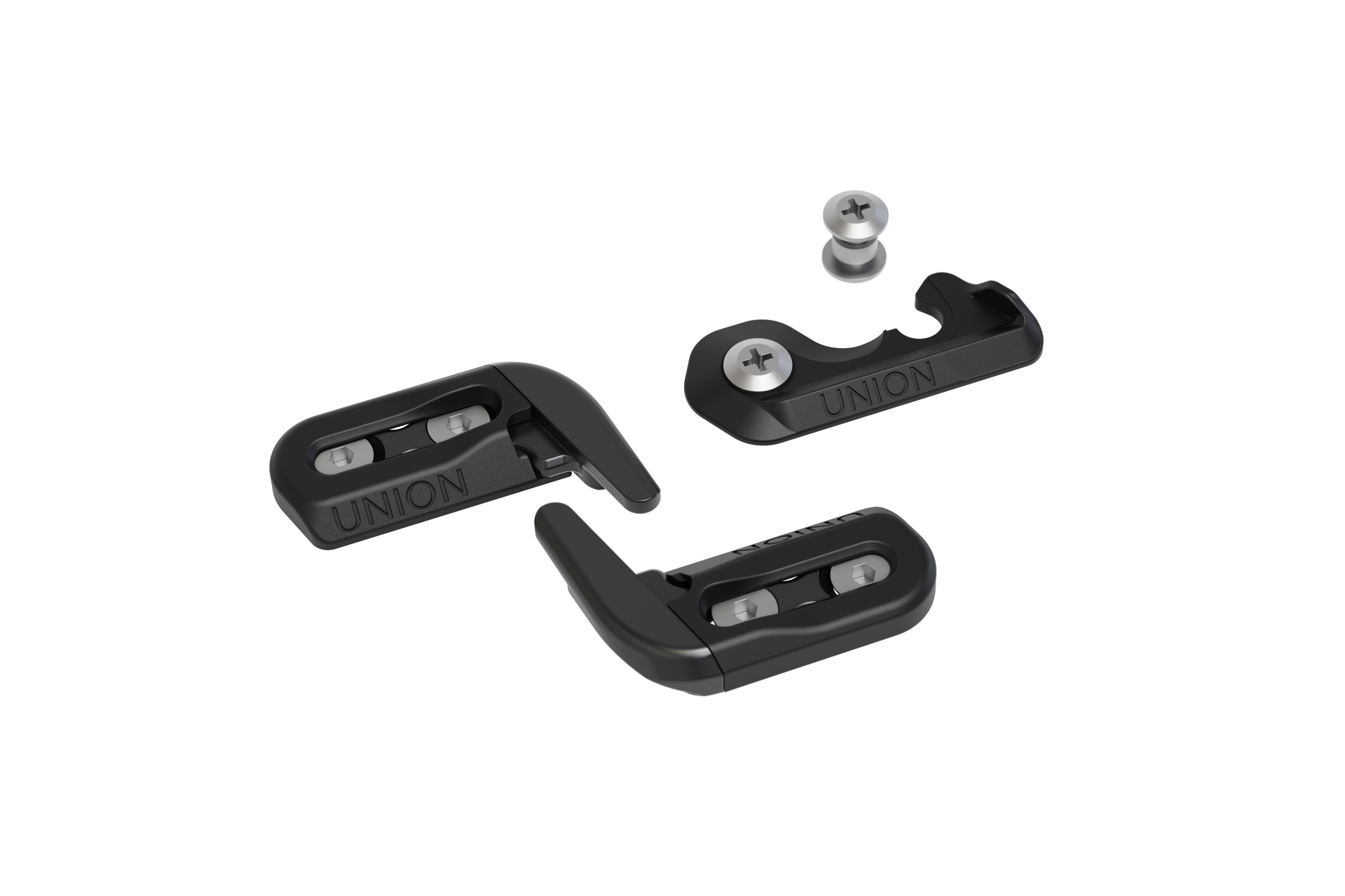 Splitboard clips and hooks with integrated board inserts for secure connection.