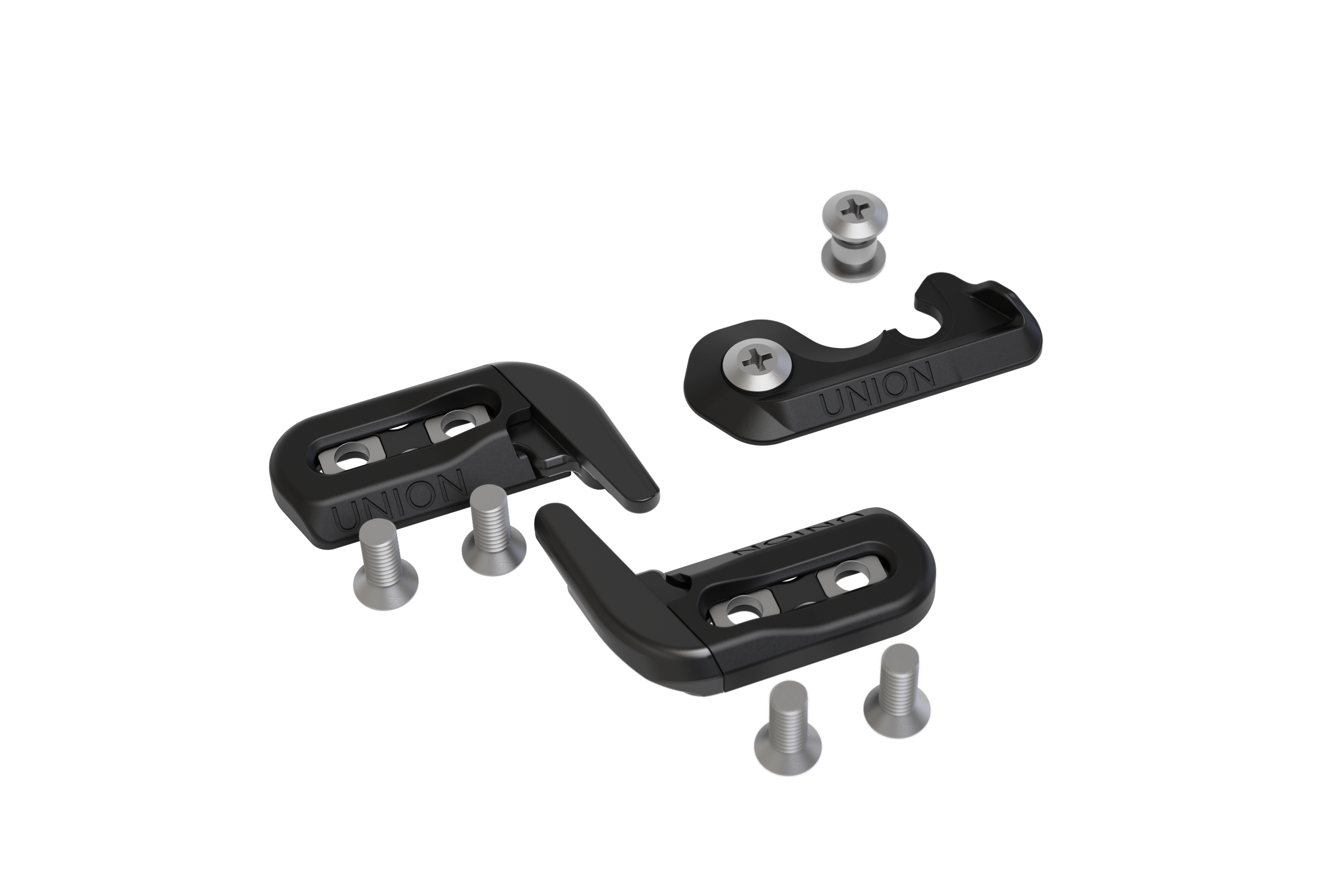 Splitboard clips and hooks with pass through holes, durable aluminum and plastic construction.