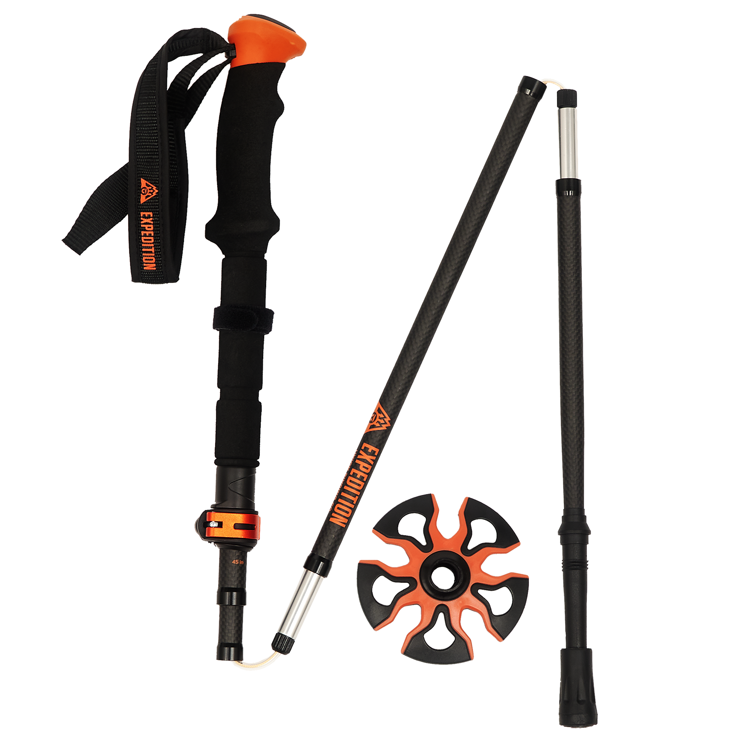 Carbon touring poles, lightweight and foldable with powder basket and fast lock system.